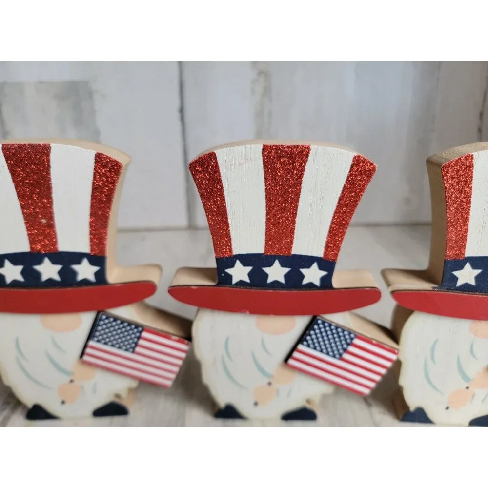 Wooden 4th of‎ July gnome glitter USA set figure decor flag